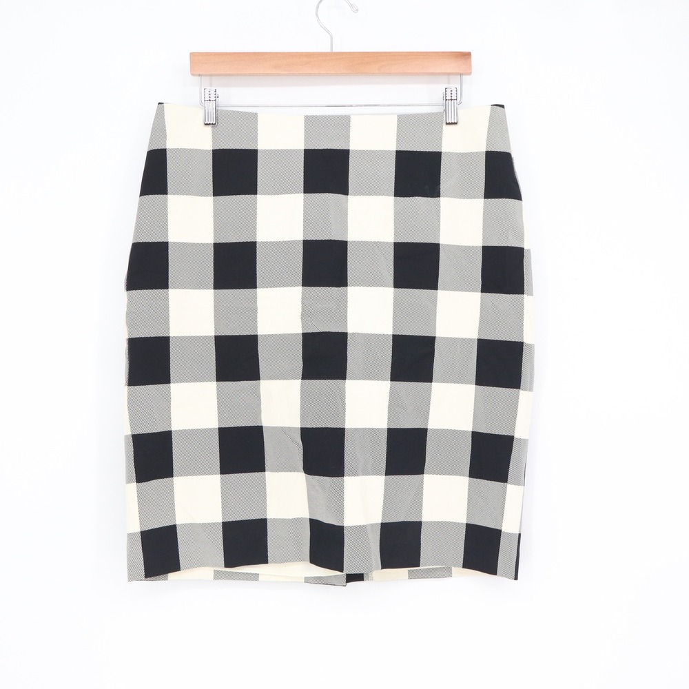 Talbots Pencil Skirt Women 14 Buffalo Check Black White Stretch Excellent
